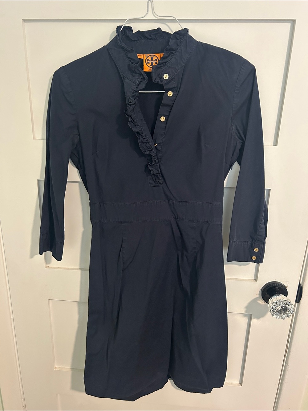Tory Burch Navy Ruffle-Front Shirt Dress with Gold Buttons
